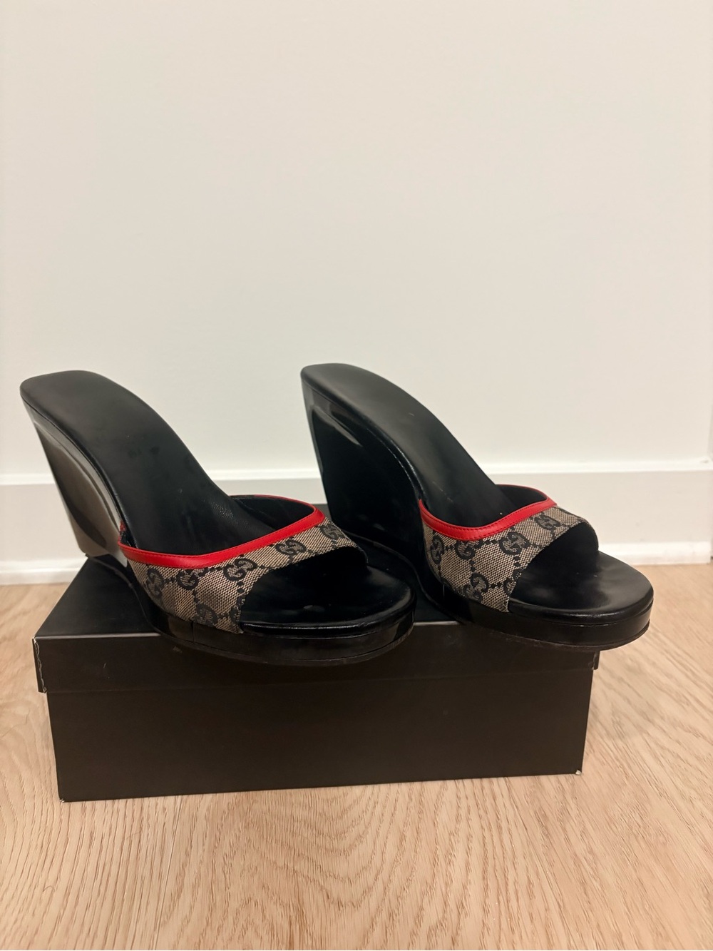 Vintage Gucci Black Wedge Slides with GG Canvas and Red Trim